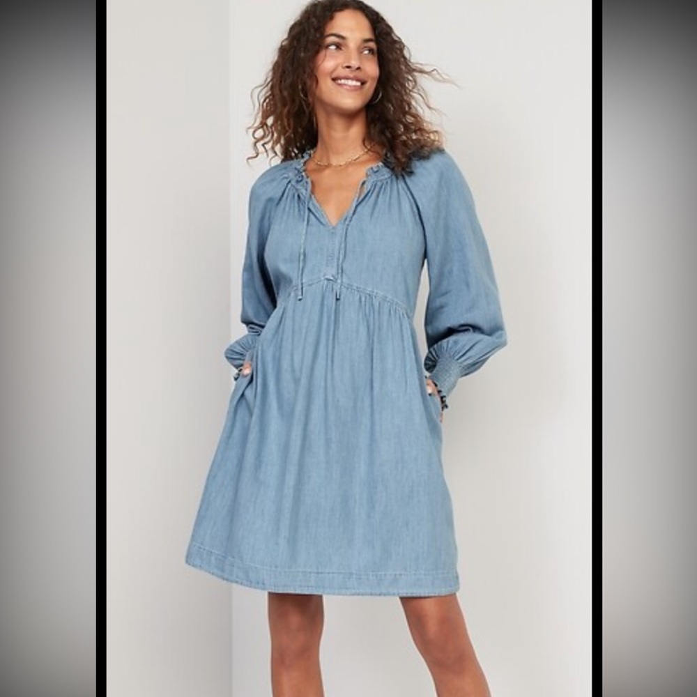Old Navy XL Tall chambray Denim peasant Blue balloon puff Sleeve Dress